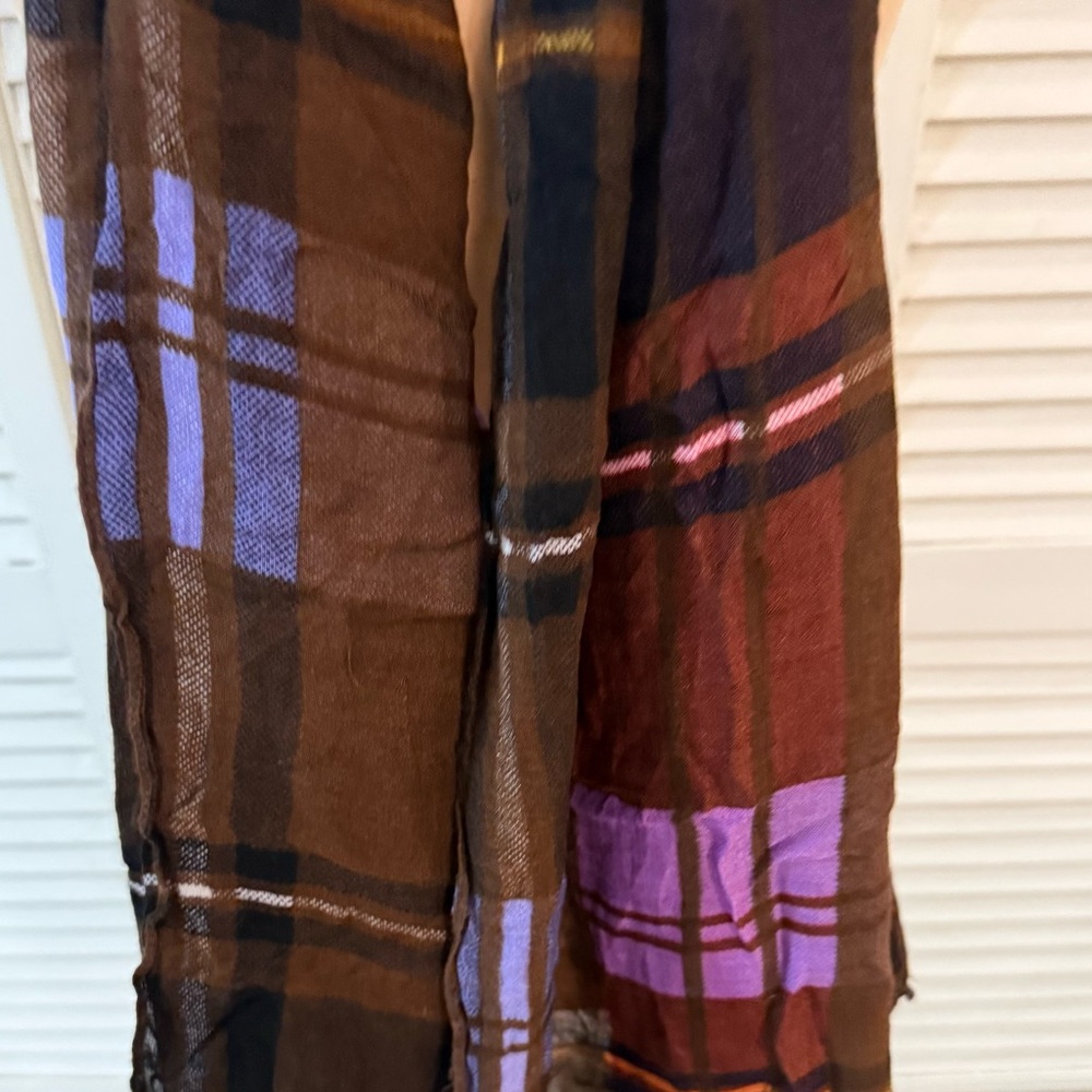 Vera Bradley Cozy Plaid Pattern Scarf Brown Purple Lightweight Wrap Raw Edge - Picture 6 of 8